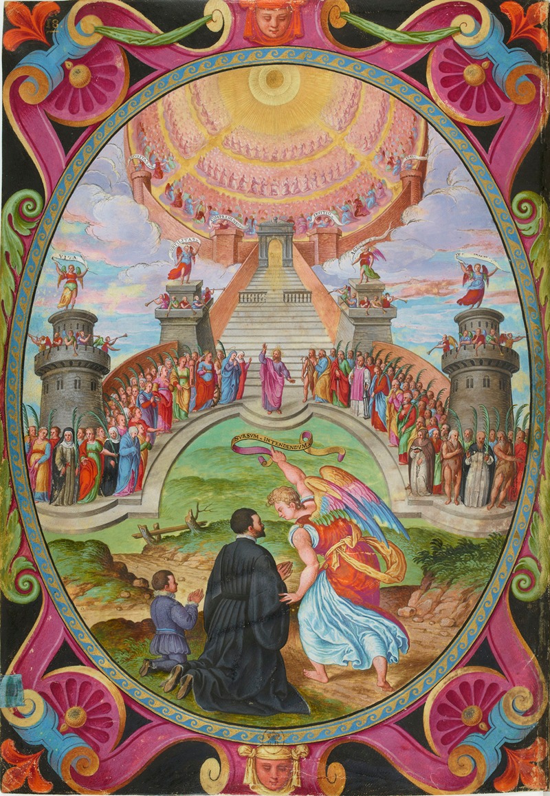 Anonymous - Magius et son fils, devant l’escalier céleste dont les premières marches sont occupées par Jésus-Christ, les Saints et les Saintes, les Anges, les Archanges