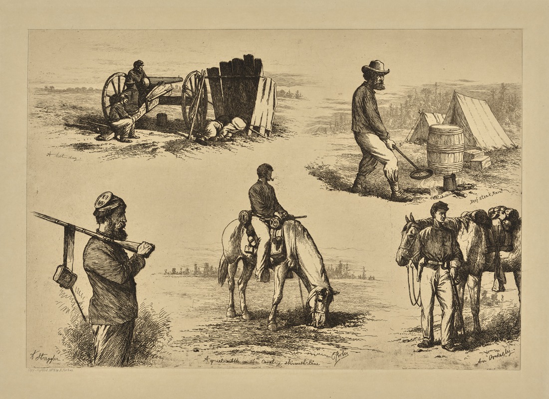Edwin Forbes - A hot day. Beef steak rare. A straggler. A quiet nibble on the cavalry skirmish. A cavalry orderly waiting orders.