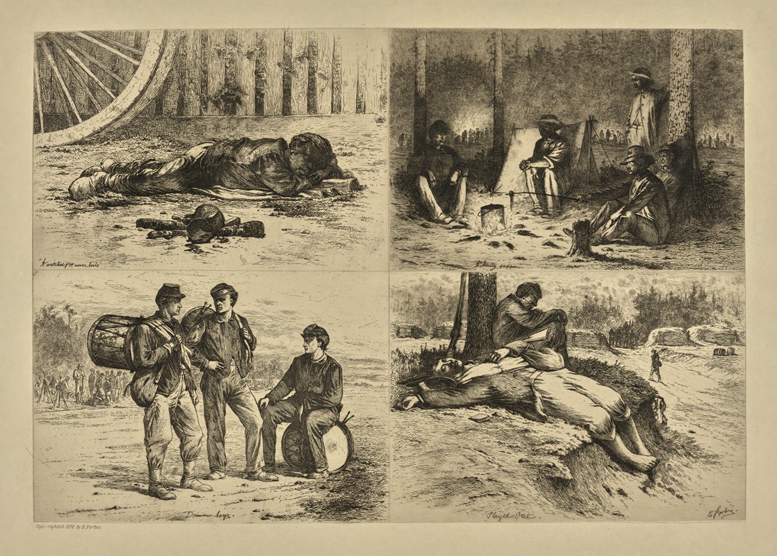 Edwin Forbes - A watched pot never boils. A hearty supper on the battle field. Drummer boys. Played out.