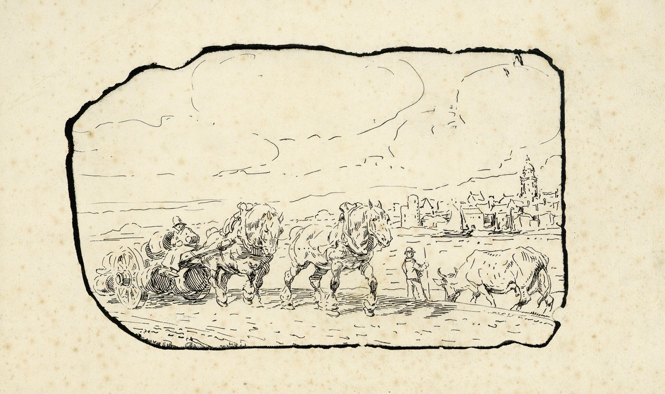 Alfred Ost - Paarden en huifkar en koe
