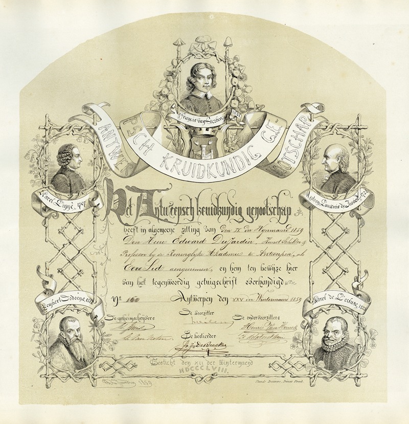 Edward Dujardin - Diploma van het Antwerpsch kruidkundig genootschap