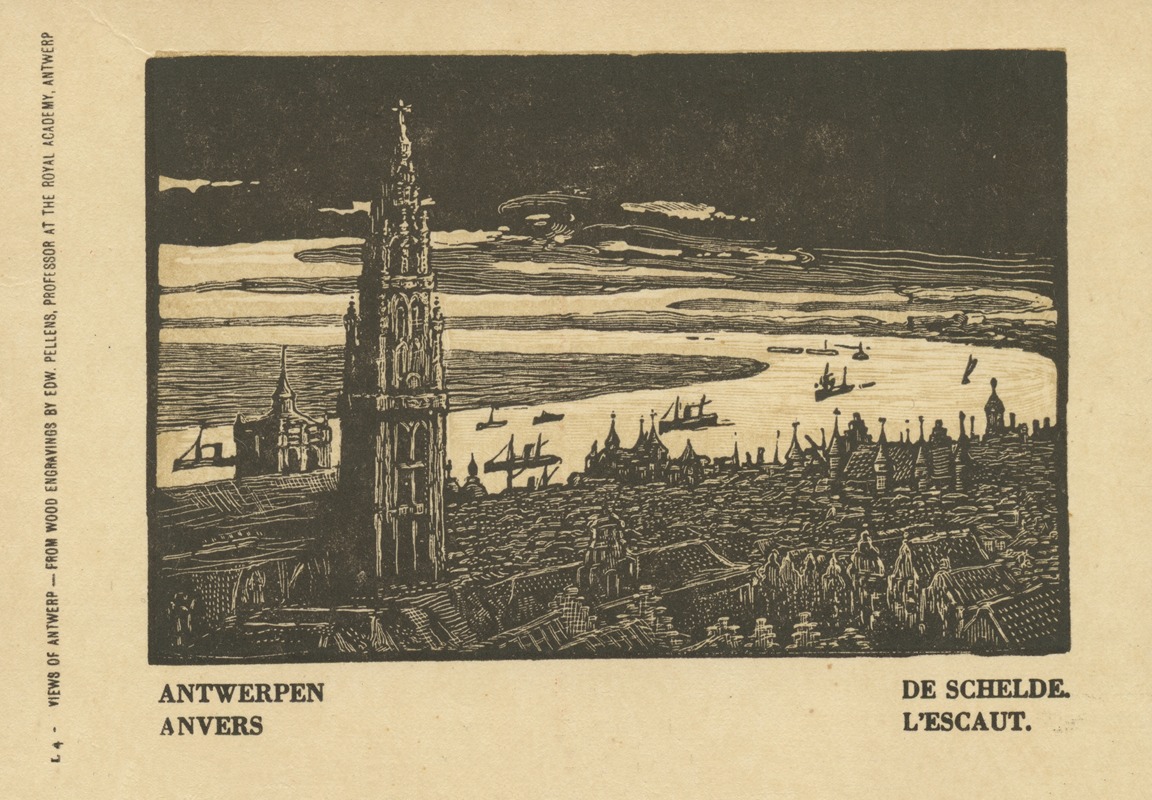 Edward Pellens - Ansichtkaart met een nachtelijk zicht op Antwerpen en de Schelde