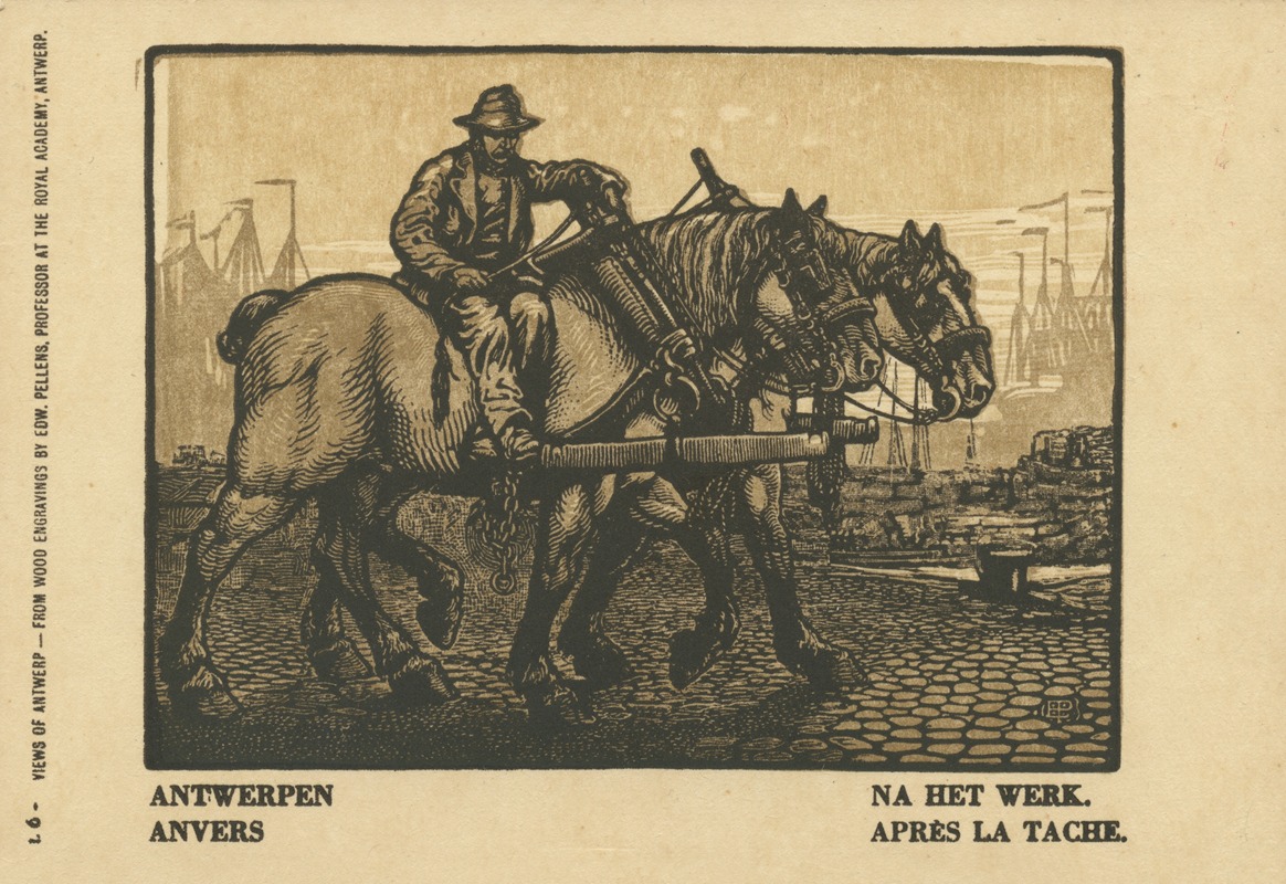 Edward Pellens - Ansichtkaart met een voorstelling van een havenarbeider met twee paarden te Antwerpen