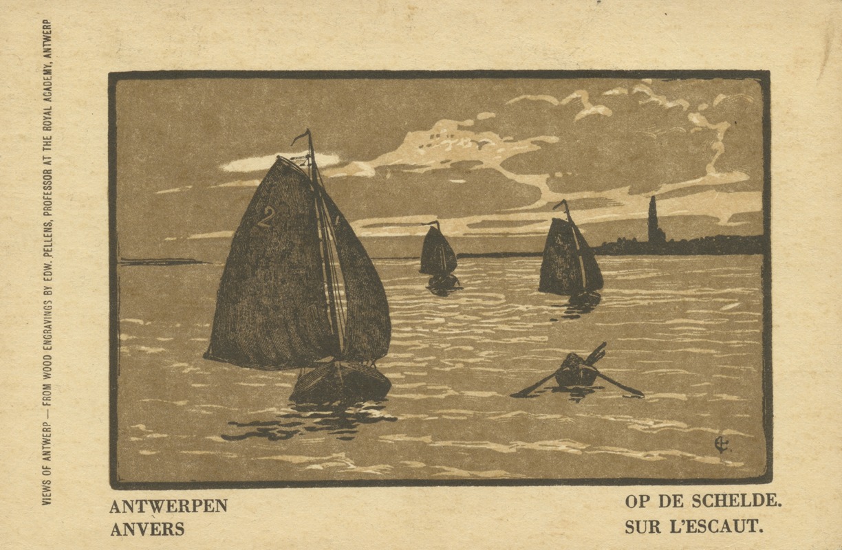 Edward Pellens - Ansichtkaart met een voorstelling van enkele zeilschepen op de Schelde bij Antwerpen