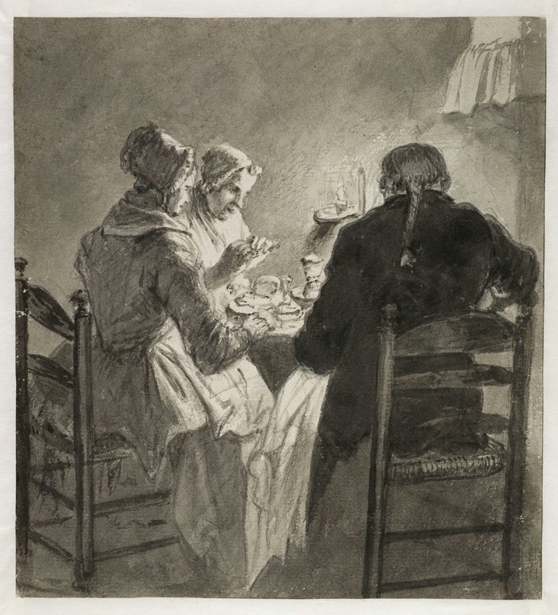 Wybrand Hendriks - Jacob Nicolaas Elout met zijn meiden in de keuken een kreeftje etend