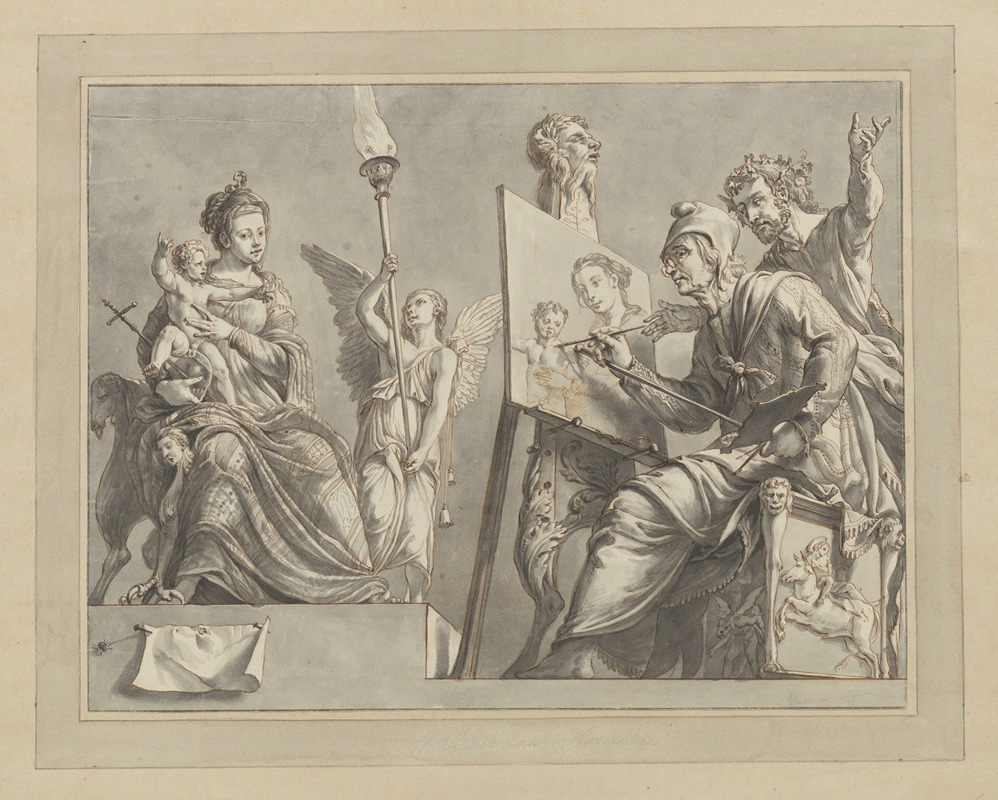 Wybrand Hendriks - Sint Lucas schildert Maria met het kind Jezus, staand op haar schoot.