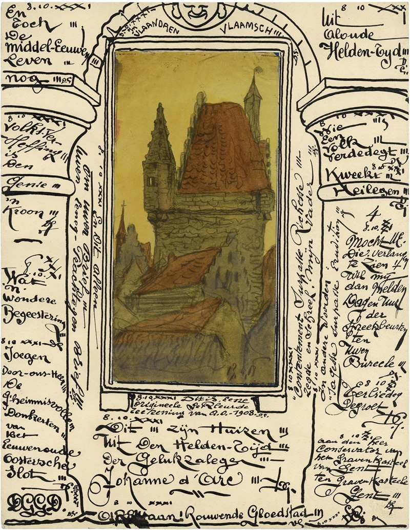 Albert Daenens - Tekening opgekleefd met randversiering