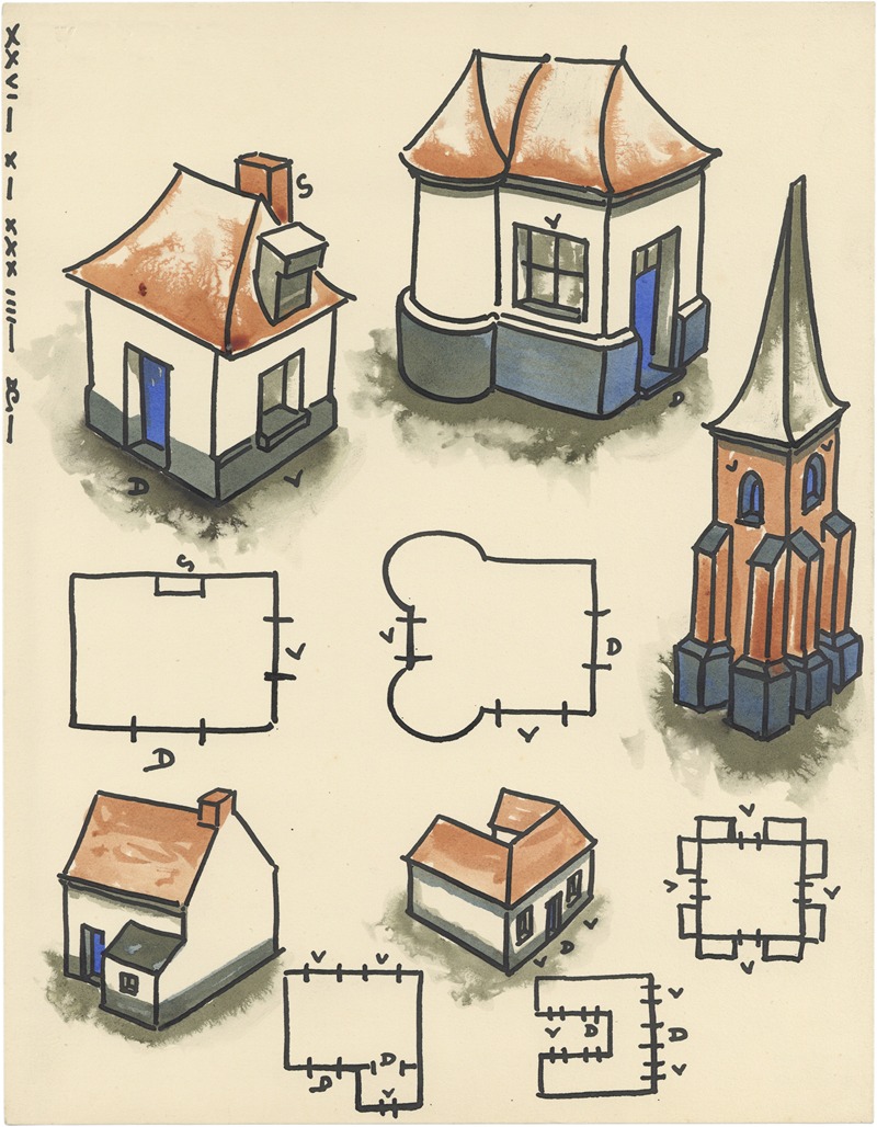 Alfred Ost - Kerktoren en vier huizen vanuit vogelperspectief