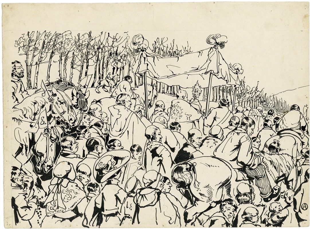 Alfred Ost - Ontwerp van de prentbriefkaart ‘Processie door het graan (Beêvaert van Hakendover)’