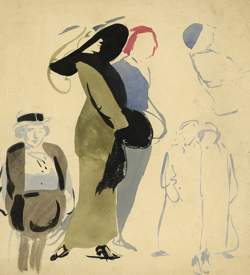 Alfred Ost - Twee wandelende dames met achtergrondfiguren
