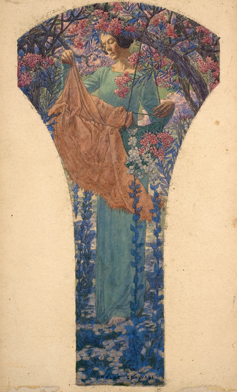 Carlos Schwabe - Femme au berceau parmi les fleurs ou La Parque