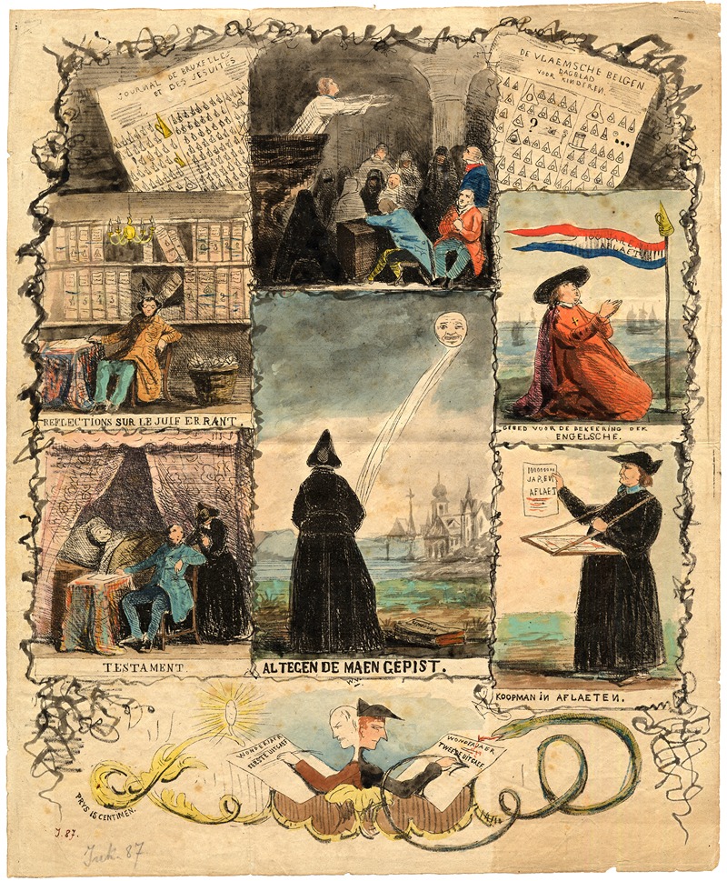 Willem Jozef Vertommen - Origineel gekleurde spotprent tegen Conscience, bij de tweede uitgave van Het Wonderjaer 1843