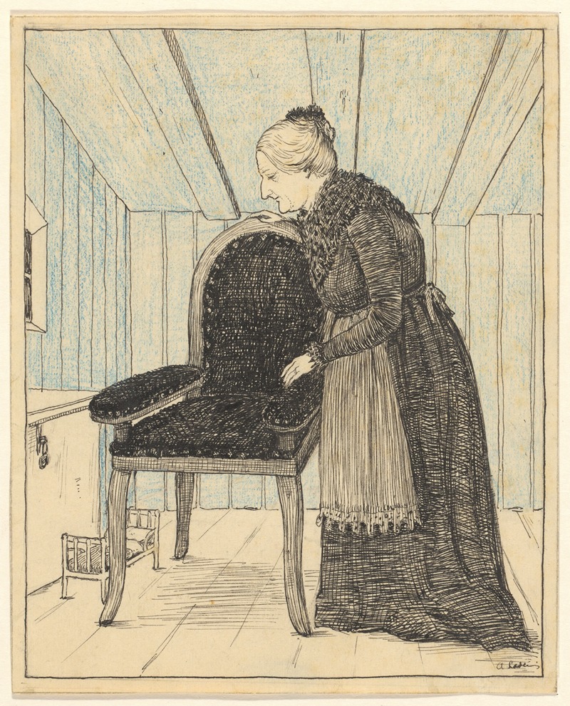 Adri Ladenius - Grootmoeder bij een leunstoel in een interieur