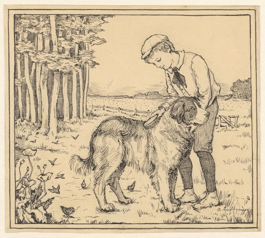Adri Ladenius - Jongen borstelt een hond