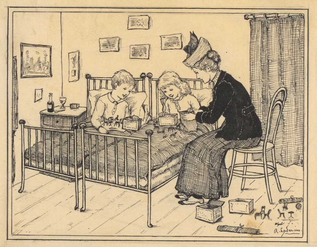Adri Ladenius - Jongen en meisje met speelgoed op bed