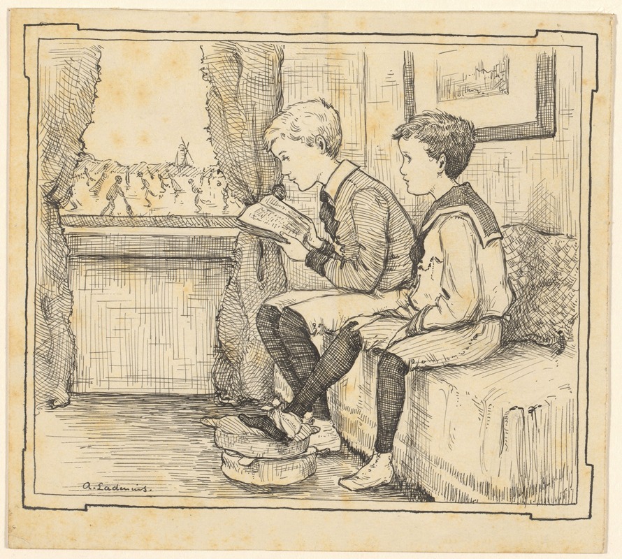 Adri Ladenius - Jongen leest voor op een bank