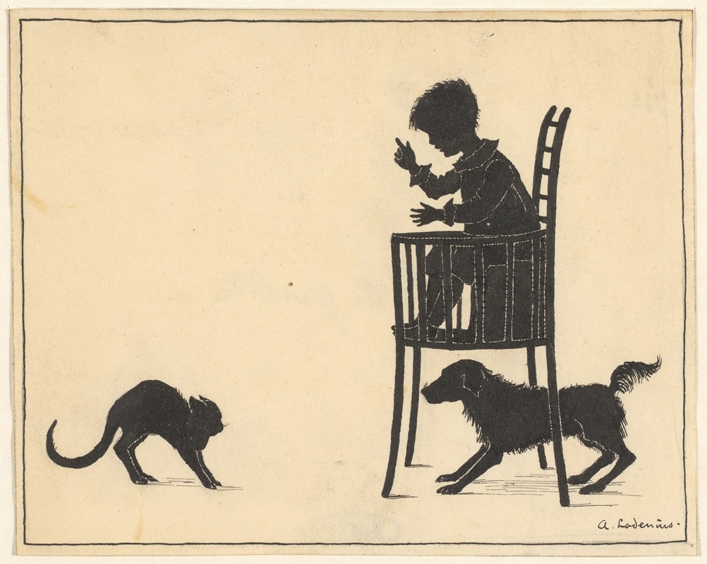 Adri Ladenius - Kat en hond rond een kinderstoel