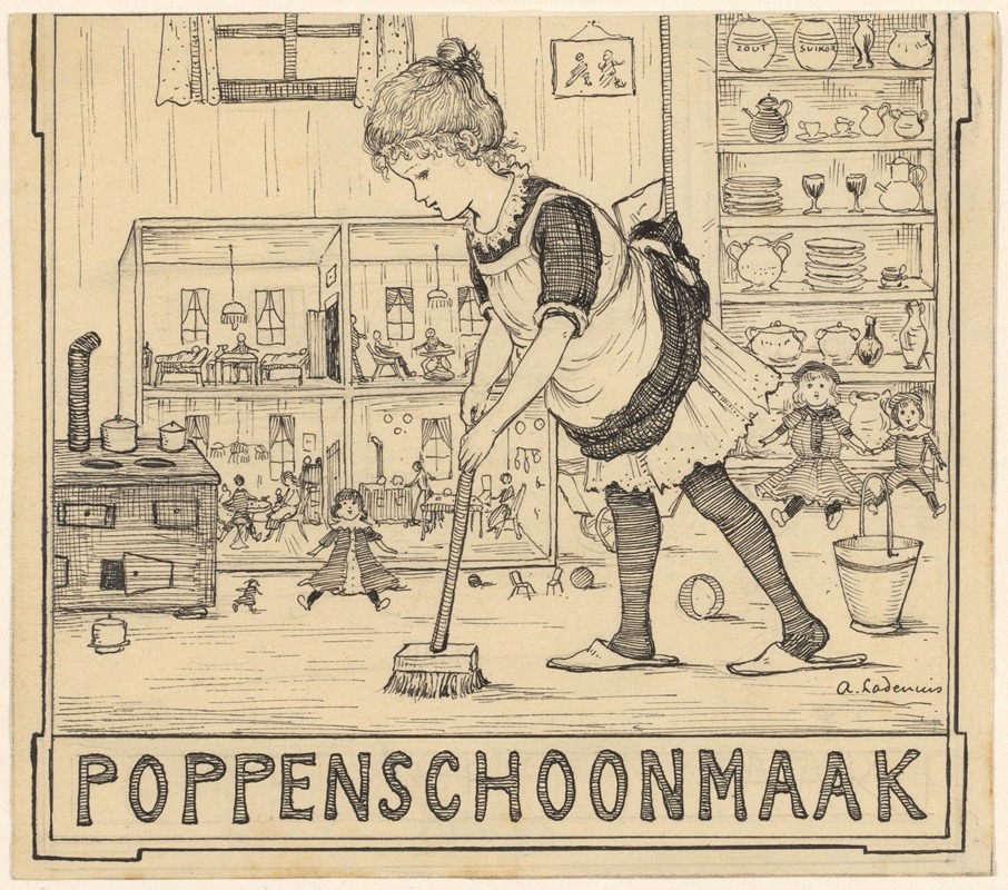 Adri Ladenius - Meisje met bezem bij een poppenhuis