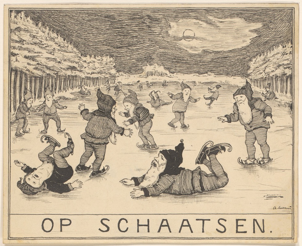 Adri Ladenius - Schaatsende kabouters bij maanlicht