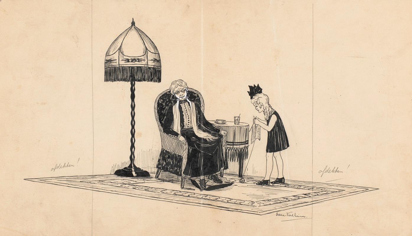 Adrie Vürtheim - Interieur met oude vrouw en breiend meisje
