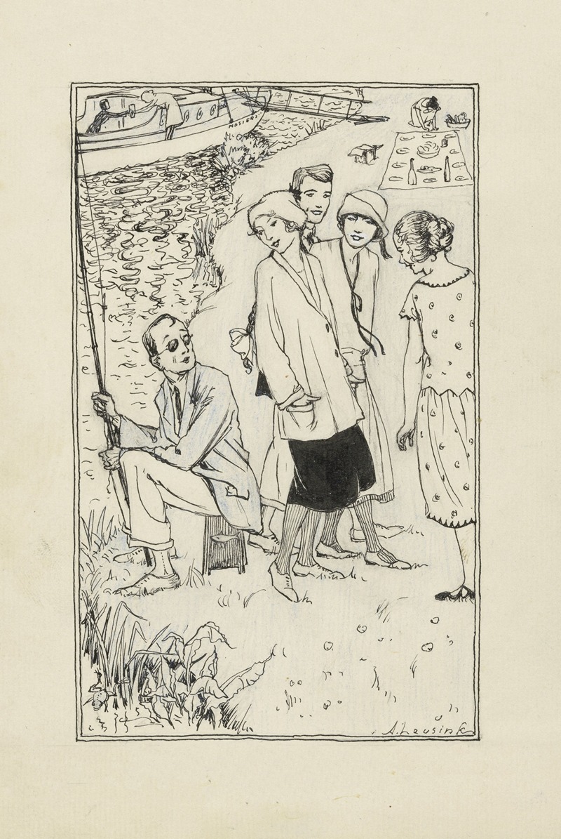 Anny Leusink - Drie meisjes en een jongen spreken met een visser