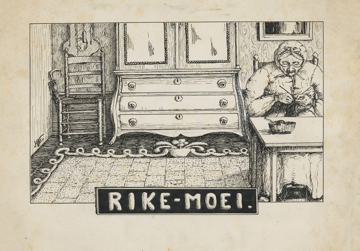 Anonymous - Breiende oude vrouw in een interieur RIKE-MOEI