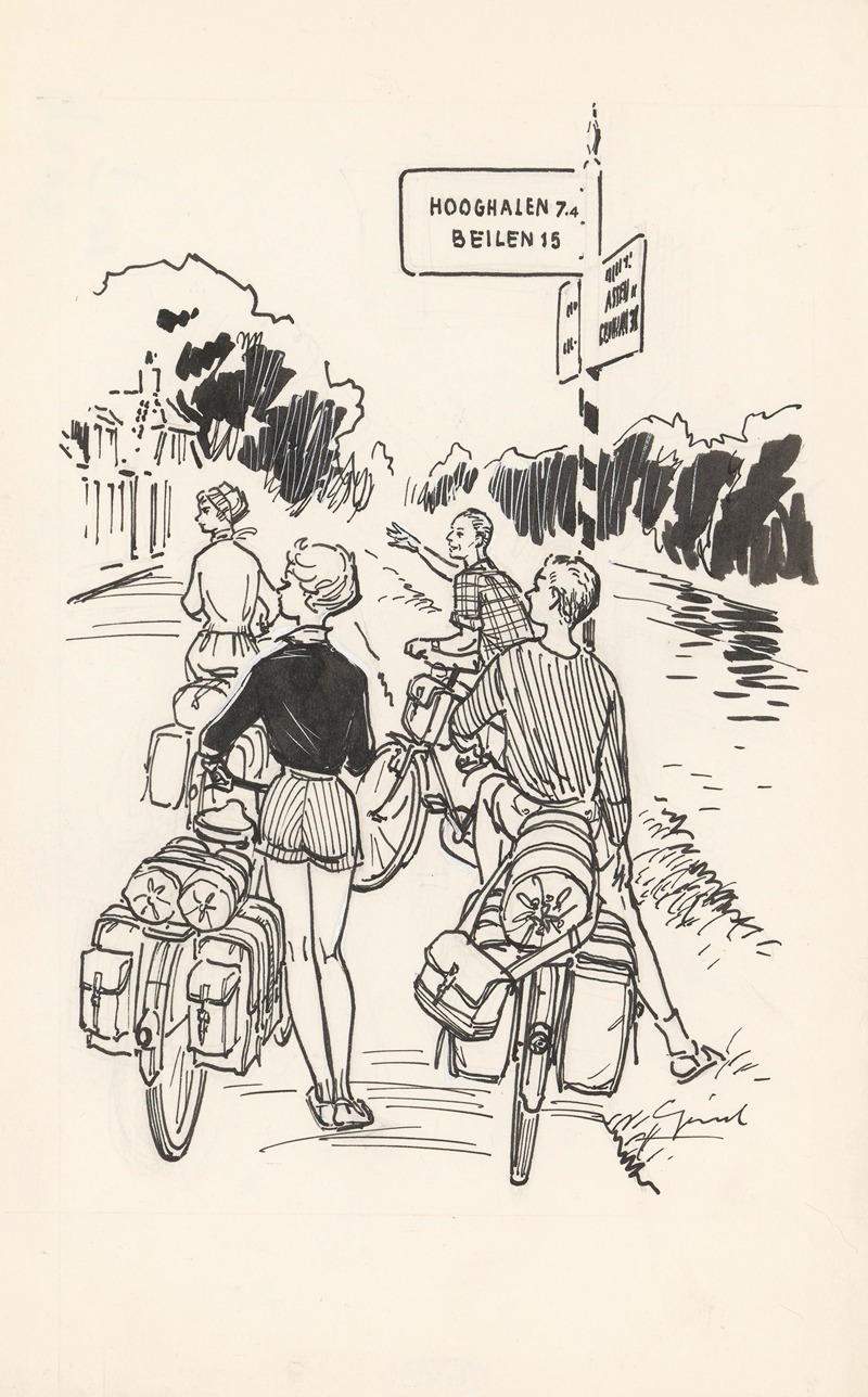 Anonymous - Vier fietsers bij een wegwijzer