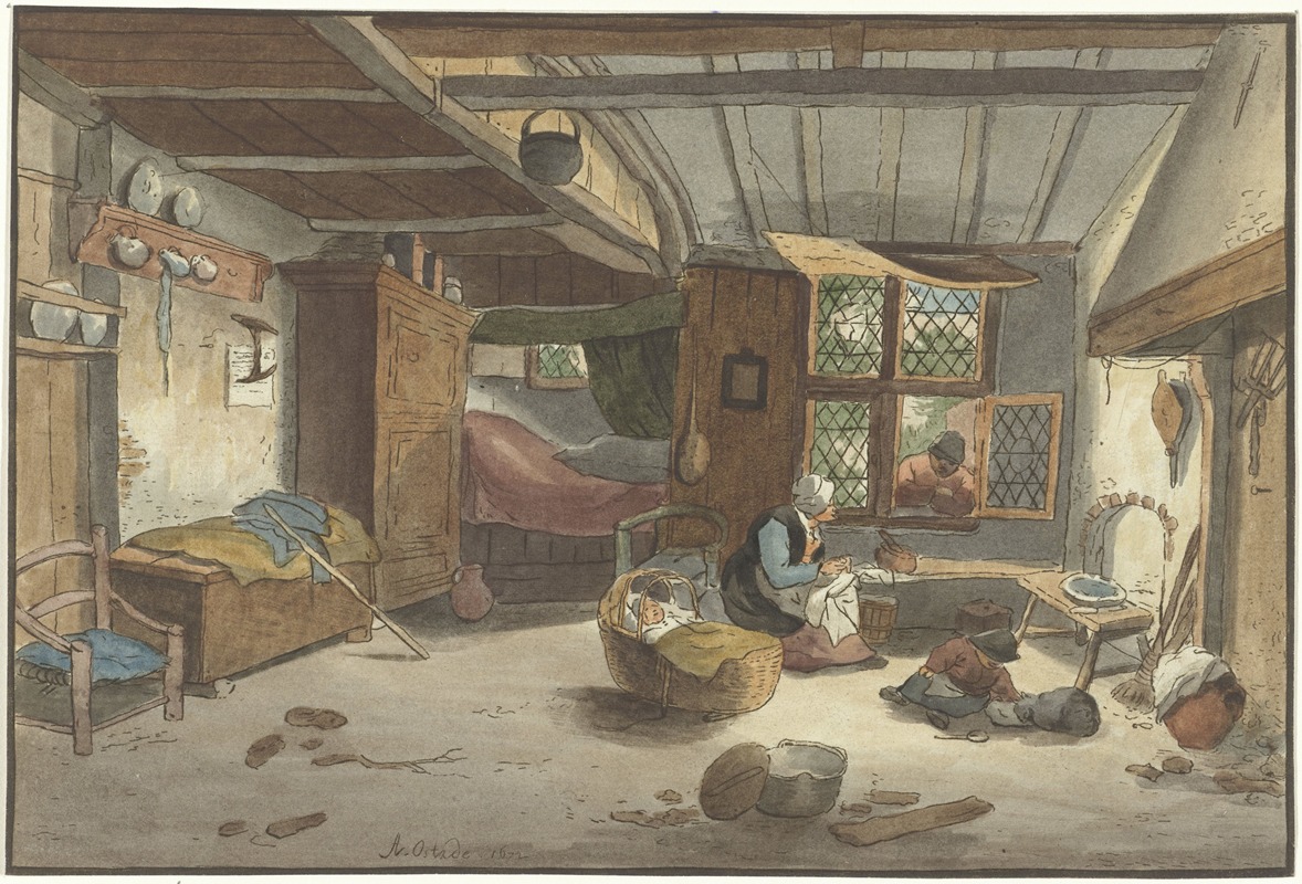 Cornelis Ploos van Amstel - Interieur met vrouw bij wieg