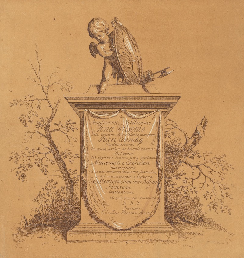 Cornelis Ploos van Amstel - Staande putto op een monument met opdracht aan Jonas Witsen