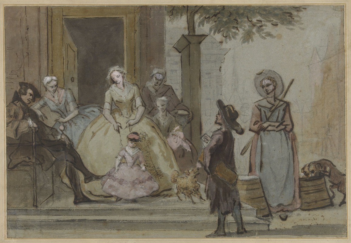 Cornelis Troost - Draailier-speler voor een luisterende familie op de stoep van een stadshuis