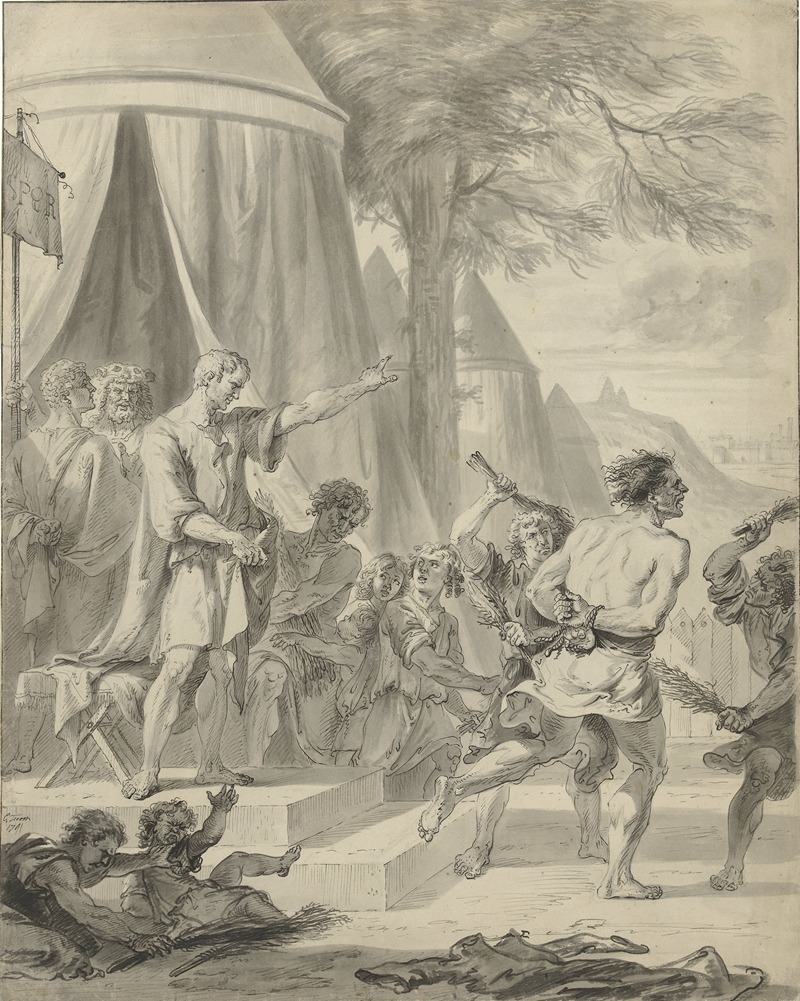 Cornelis Troost - Marcus Furius Camillus laat de schoolmeester van de Falerii door diens leerlingen geselen