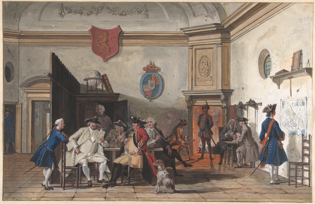 Cornelis Troost - Wachtlokaal met lezende, rokende en kaartspelende officieren