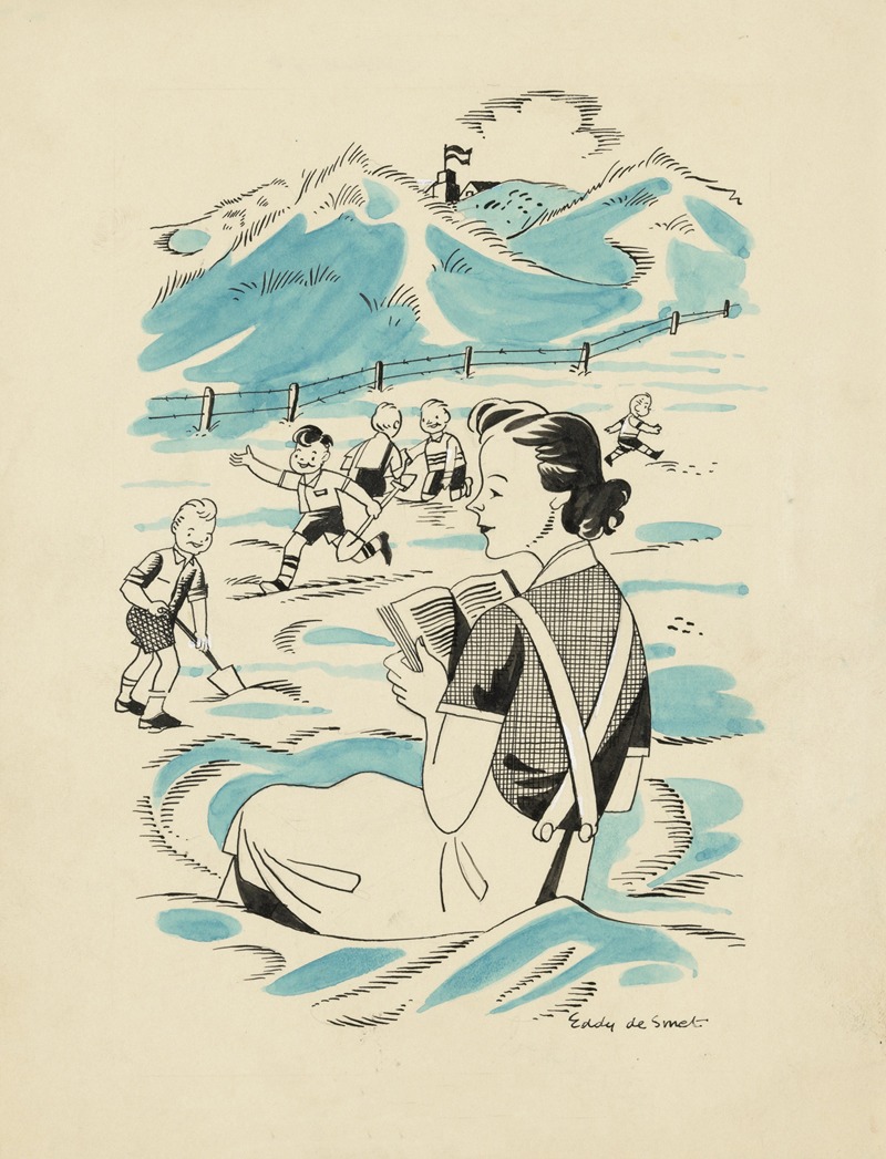 Eddy de Smet - Marjo met spelende kinderen op het strand