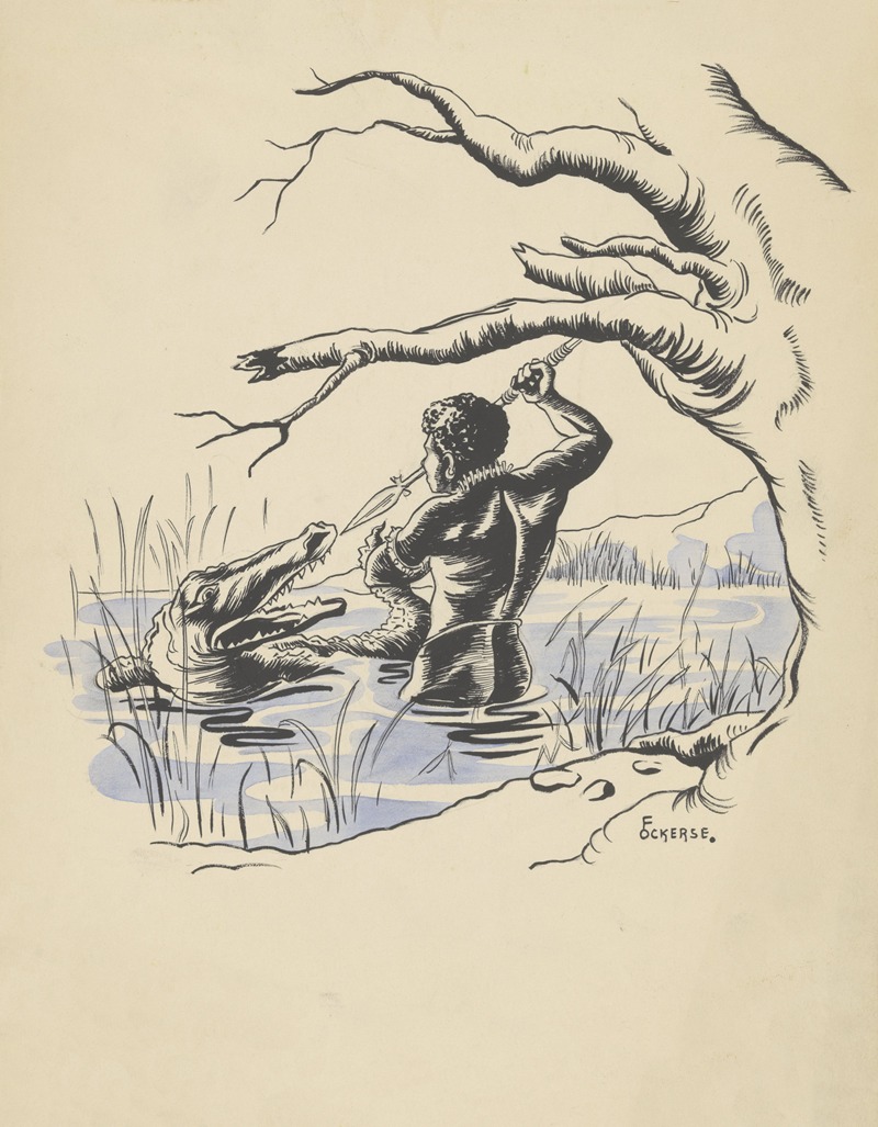 F. Ockerse - Jager valt een krokodil aan in een rivier