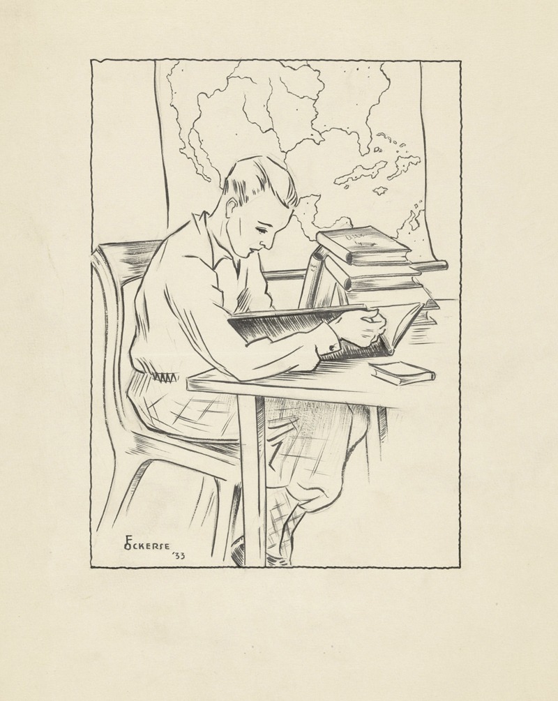 F. Ockerse - Jongeman leest een boek aan een tafel