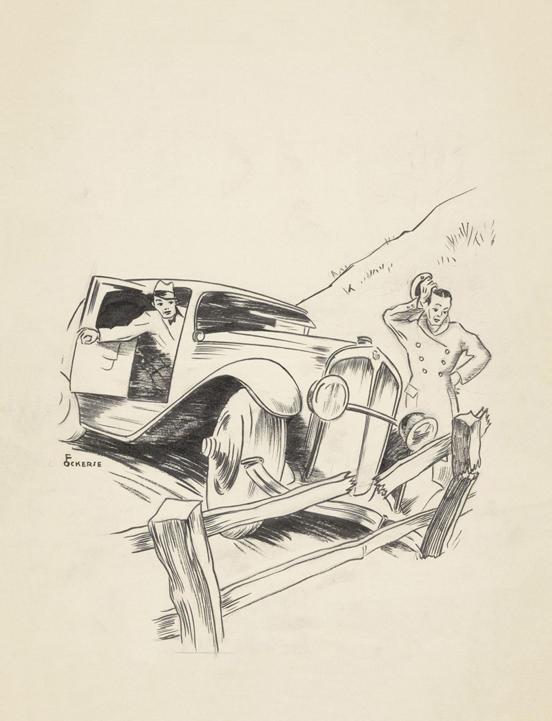 F. Ockerse - Mannen rijden met een auto tegen een hek