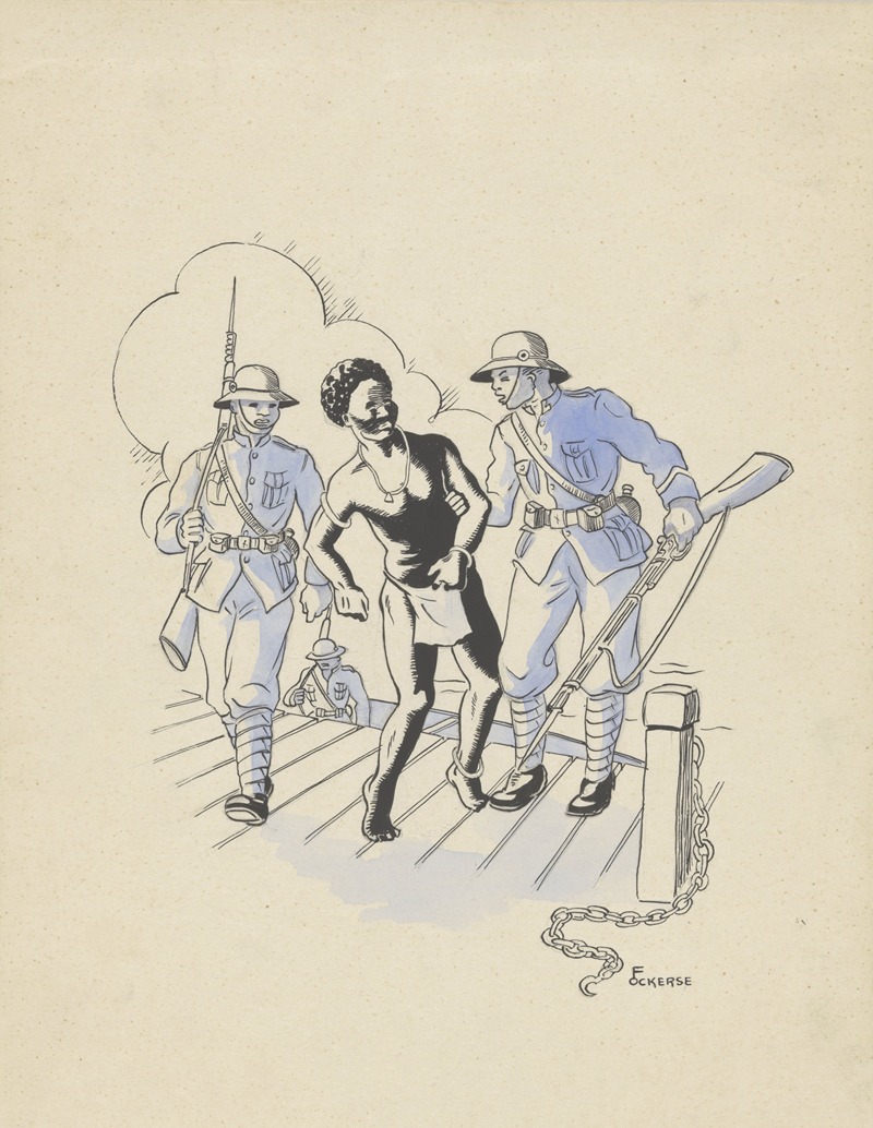 F. Ockerse - Twee soldaten nemen een Nieuw-Guineese man mee