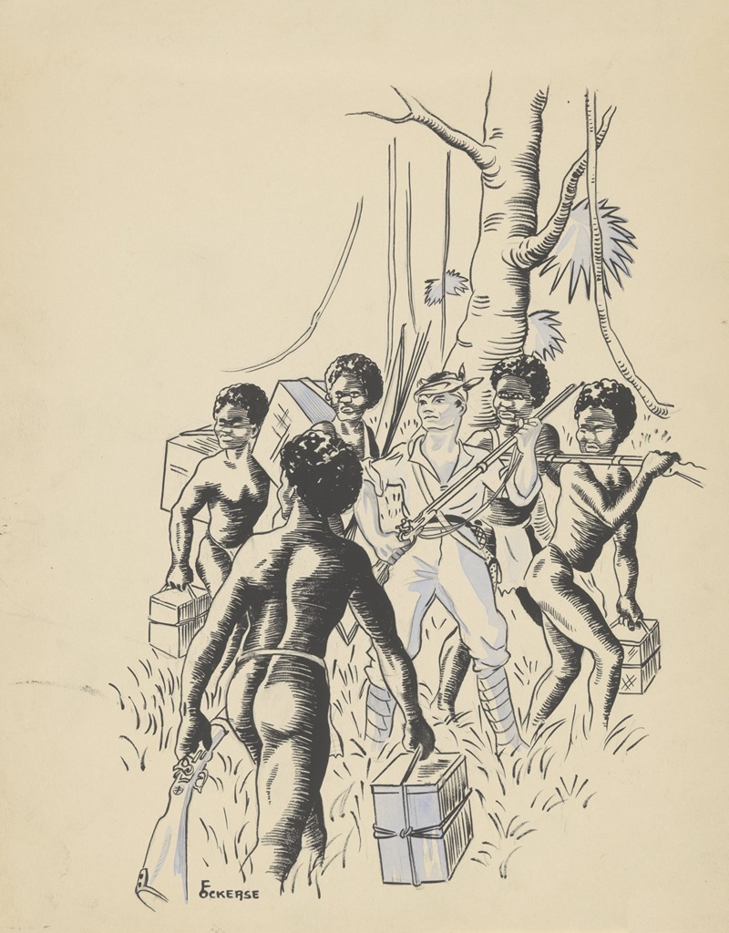 F. Ockerse - Witte man met vuurwapen tussen de Nieuw-Guineeërs