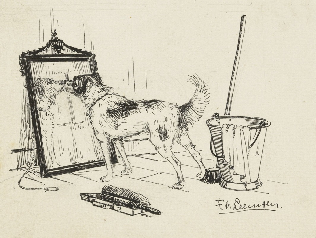 F. van Leeuwen - Hond snuffelt aan een spiegel