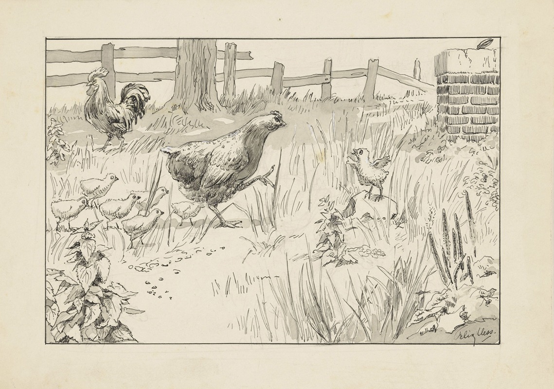 Felix Hess - Kip en kuikens in een omheind veld