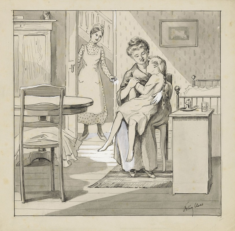 Felix Hess - Meisje zit op schoot bij een vrouw in een slaapkamer
