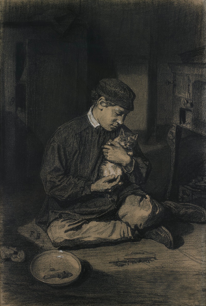 François Bonvin - Seated Boy Holding a Cat