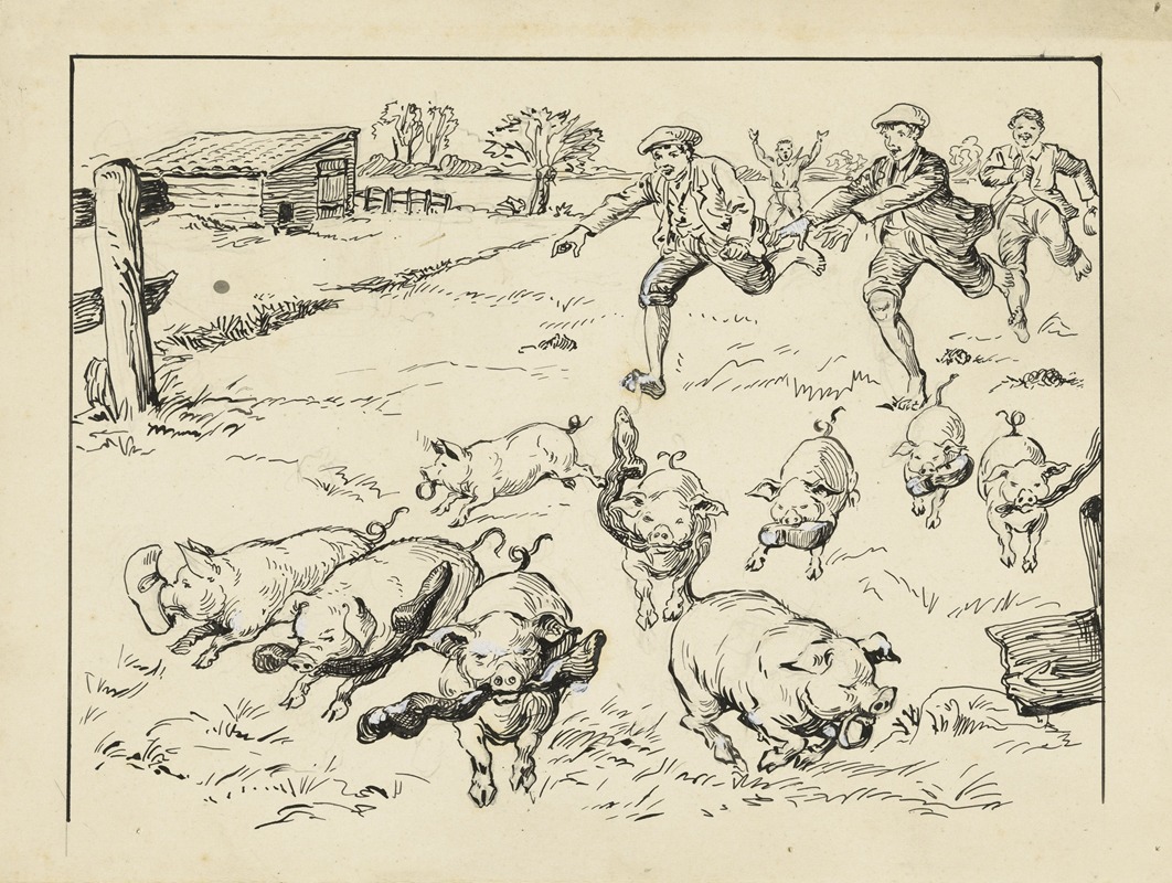 Frans Lazarom - Kudde varkens met sokken en schoenen in de bek