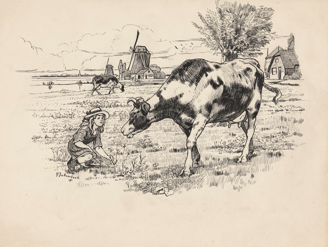 Gijsbertus Johannes van Overbeek - Meisje bij een koe in de wei