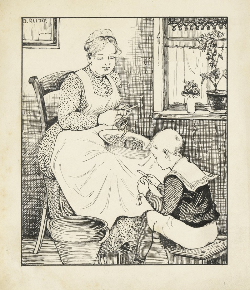 Gillis Bernhard Mulder - Dienstmeid en jongen schillen aardappelen