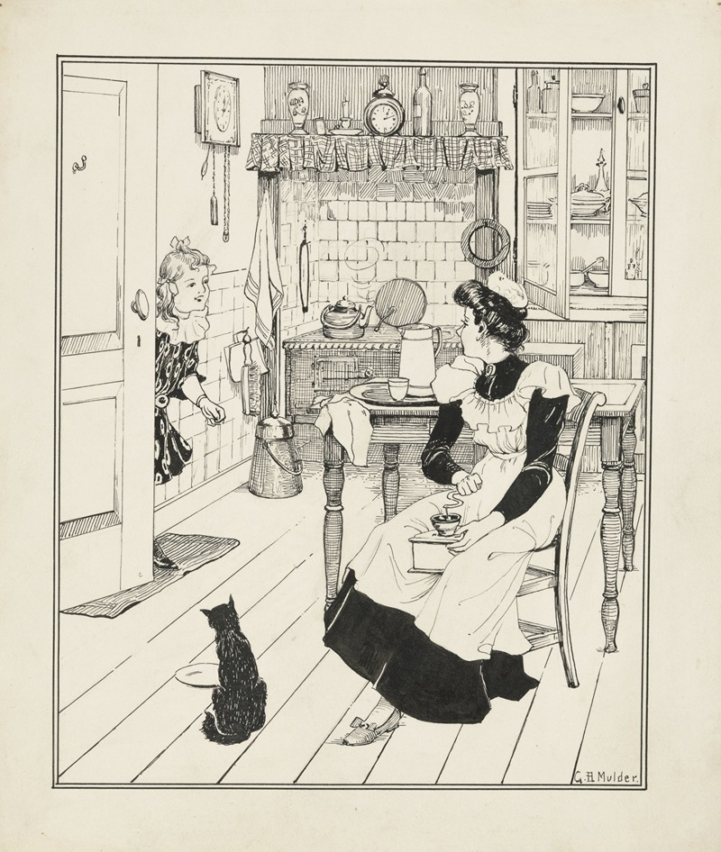 Gillis Bernhard Mulder - Meisje en een dienstmeid in een keuken