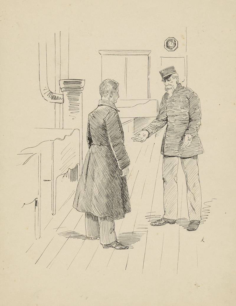 Heinrich M. Krabbé - Man in overjas en een militair in een interieur