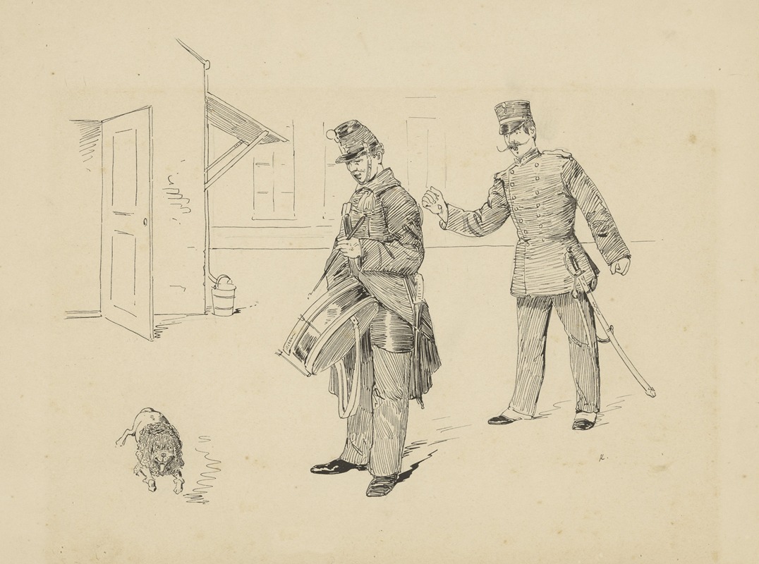 Heinrich M. Krabbé - Militair met trommel kijkend naar een hond