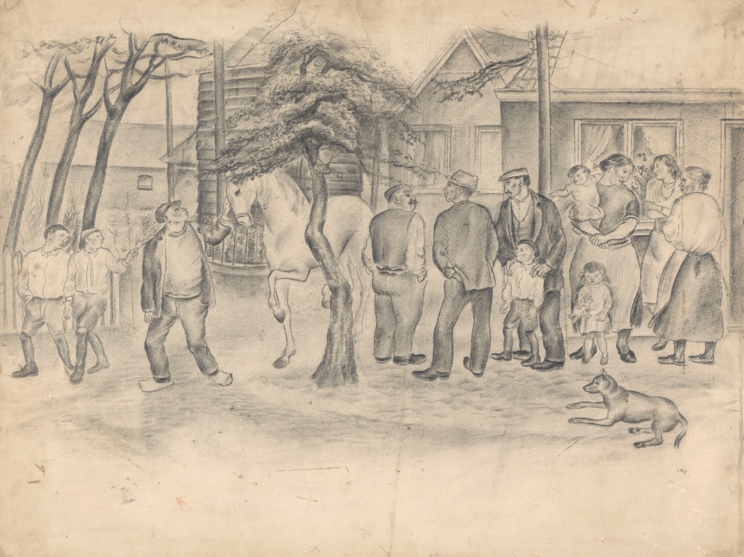 Henk Henriët - Groepjes mannen en vrouwen bij een boerderij