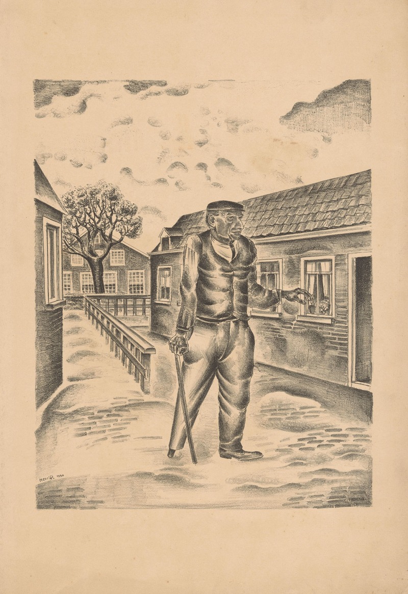 Henk Henriët - Man met houten been en stok in een dorpsstraat